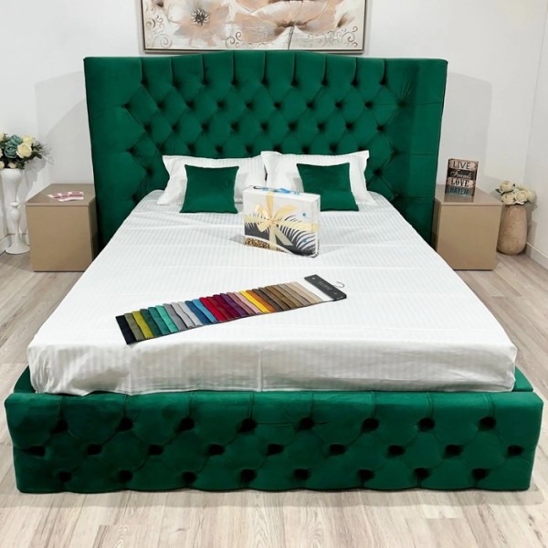 Pat Matrimonial, cu Lada de Depozitare, pentru Saltea de 140x200cm, Tapițat Catifea, Verde Smarald - model DIVANYS - cu Somiera Rabatabila [1]