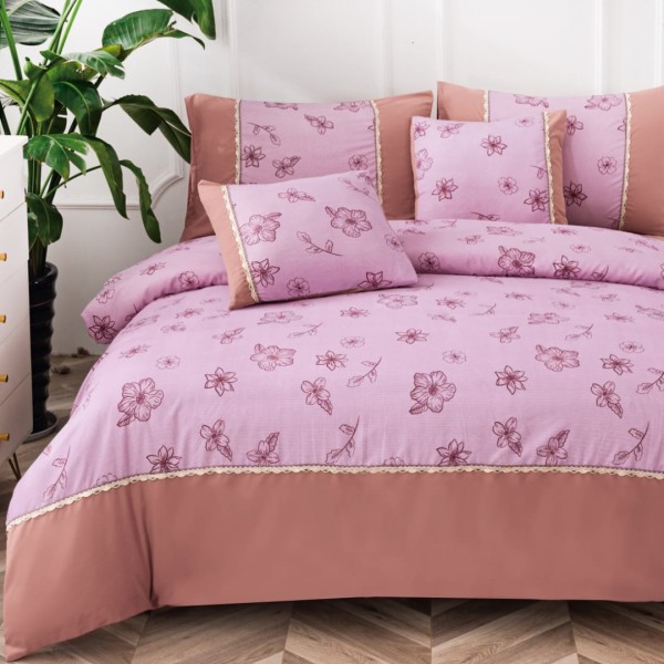 Lenjerie Pat Dublu,  Finet Satinat, CEARSAF CU ELASTIC, 6 piese, Roz, Flori [1]