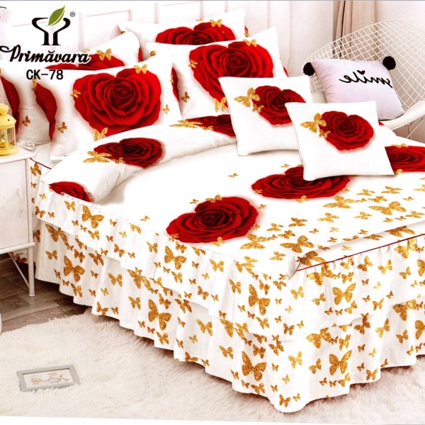 Lenjerie Premium Pat Dublu  FINET, 6 Piese – Volanase Sofisticate, Fixare Perfecta cu Elastic, Alb, Rosu, Trandafiri, Fluturi [1]