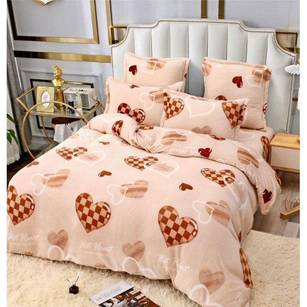 Lenjerie pentru Pat Dublu, Cocolino Premium, 4 Piese – Plușată, Groasă, și Călduroasă, Ideală pentru Iarnă –  Confort Maxim, Antișifonare, Bej, Maro, Inimioare [1]