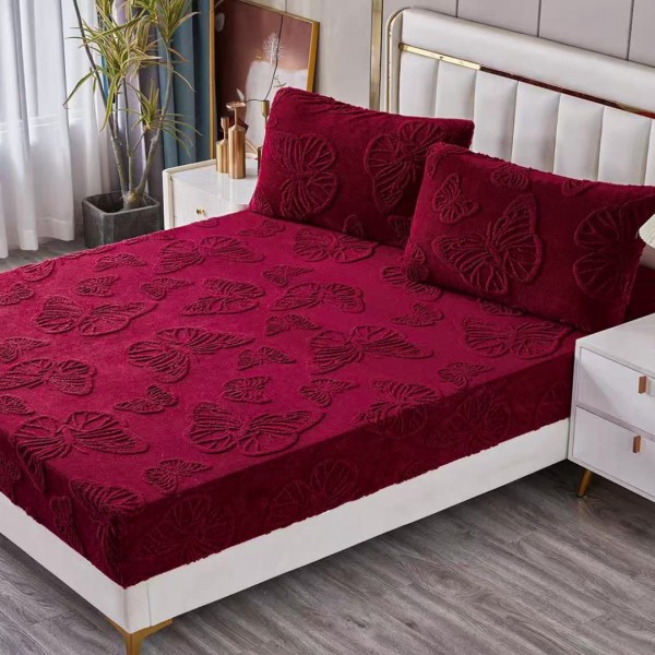 Cearșaf Cocolino 180/200 cm – Elastic 360°,  + 2 Fete Perna, Model Fluturi 3D, Moale și Călduros, Grena [1]