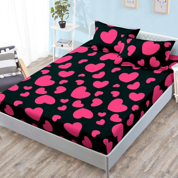Cearsaf cu elastic, FINET, 180x200cm, 2 fete de perne 50x70cm, Negru, Roz, inimioare [1]