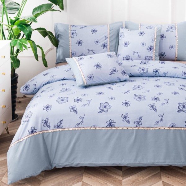 Lenjerie Pat Dublu,  Finet Satinat, CEARSAF CU ELASTIC, 6 piese, Bleu, Flori [1]