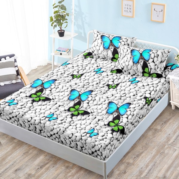 Cearsaf cu elastic, Bumbac FINET, 160x200cm, 2 fete de perne 50x70cm, Gri, Fluturi pe Pietre [1]
