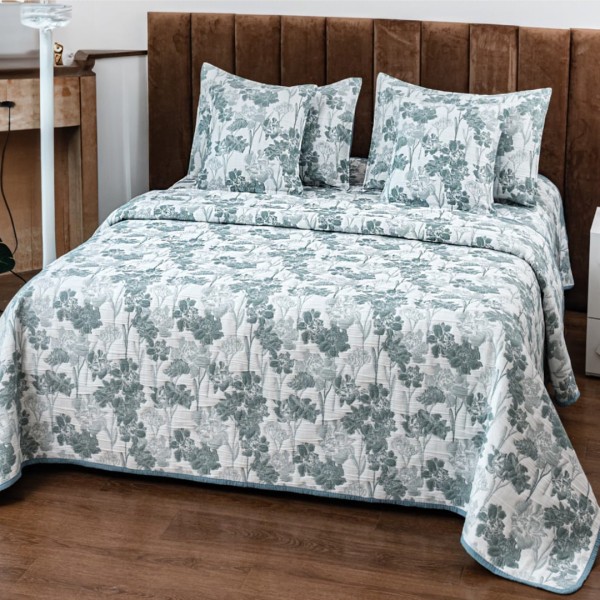 Cuvertura Pat Dublu, Bumbac cu In, Model Brodat Direct în Tesatura, 230x250 cm, 2 fete de perna 52x72cm, 2 fete de perna 46x46cm, Alb, Verde, Flori [1]