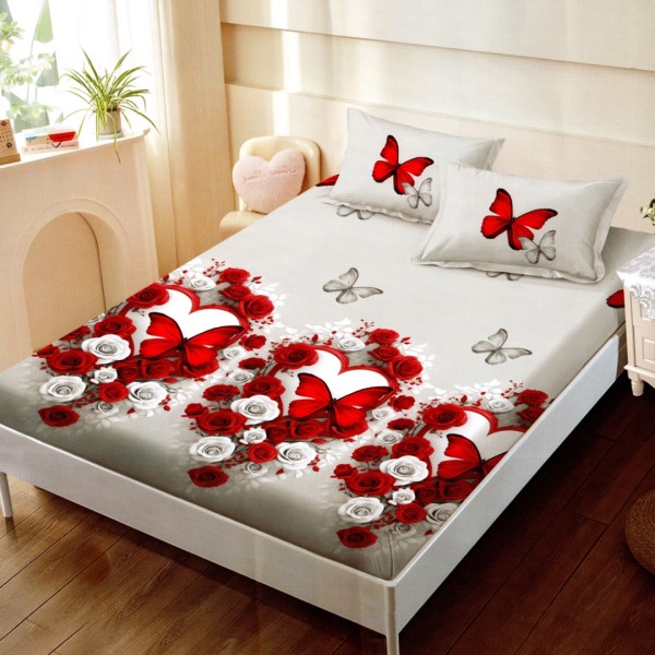 Cearsaf cu elastic, FINET, 160x200cm, 2 fete de perne 50x70cm, Gri, Rosu, Fluturi – confort si eleganta pentru patul tau [1]