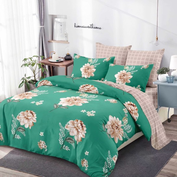 Lenjerie pat dublu,  FINET, cu elastic, 6 piese, Turquoise, Bej, Flori [1]