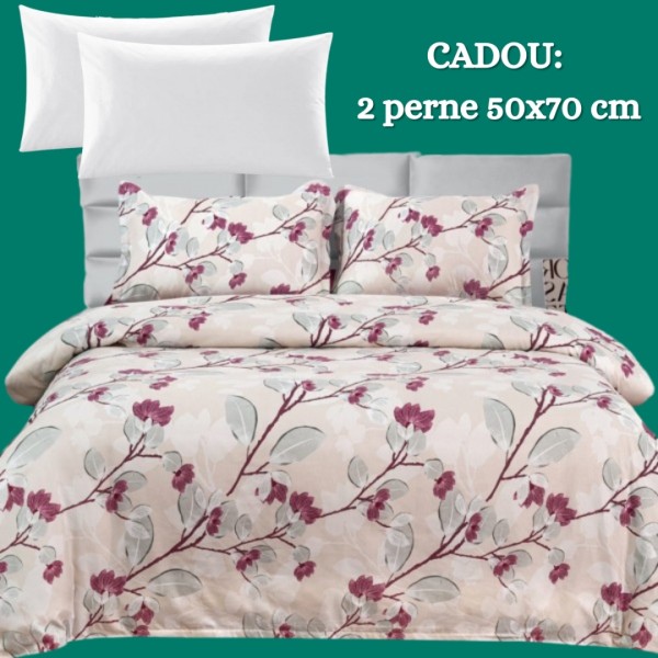 Lenjerie de Pat 4 Piese din Bumbac Satinat cu Cearsaf cu Elastic + 2 Perne Cadou 50x70 cm, cod INS-LSG173 [1]