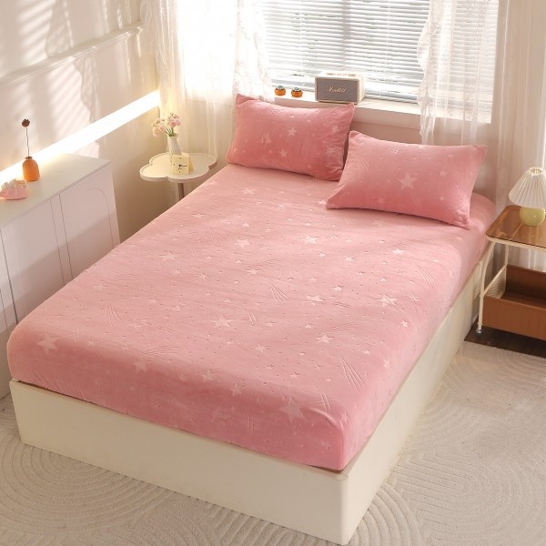 Husa cu Elastic pufoasa Cocolino, 180x200cm si 2 fete de perna 50x70cm, Ploaie de Stele, Roz [1]
