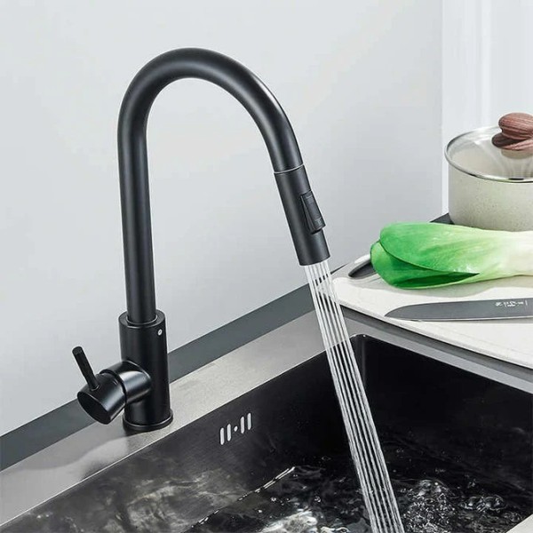 Baterie de Chiuvetă pentru Bucătărie – Pipă Retractabilă, Rotativă 360°, Negru, VST124 [1]