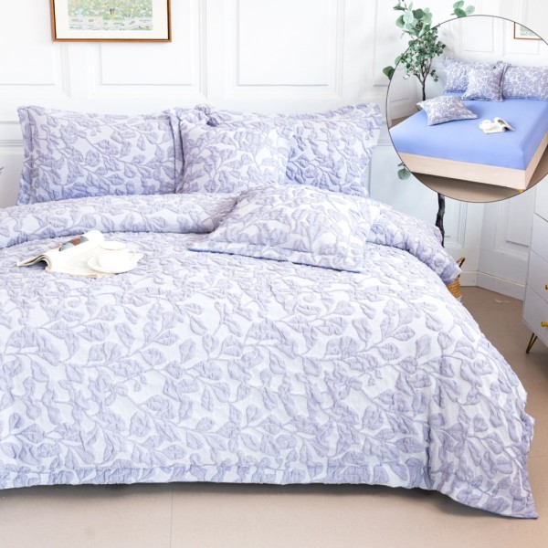Lenjerie Pat Dublu, Cearsaf cu Elastic, 5 Piese, Bumbac 4 Anotimpuri Fin, Broderie Latoasa - Confort si Eleganta, Lavanda, Frunze [1]