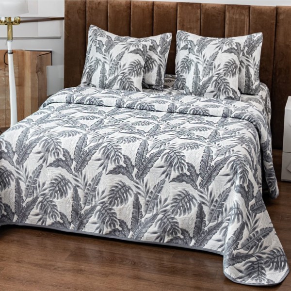 Cuvertura Pat Dublu, Bumbac cu In, Model Brodat Direct în Tesatura, 230x250 cm, 2 fete de perna 52x72cm, 2 fete de perna 46x46cm, Alb, Gri, Frunze [1]