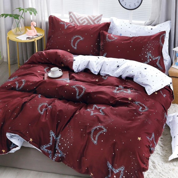 Lenjerie pat dublu (140x200cm, 160x200cm, 180x200cm), bumbac satinat, cearsaf clasic, 4 piese,  Grena, stelute [1]