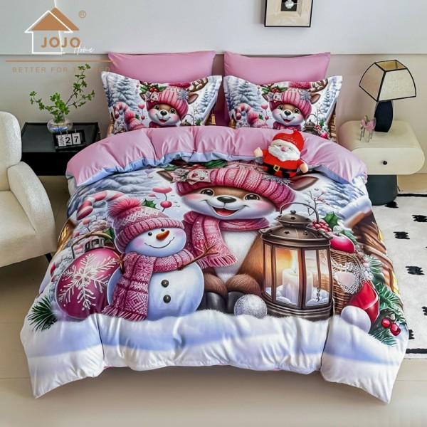 Lenjerie pat dublu, FINET, Imprimeu Digital 5D - Identic cu poza, Cu ELASTIC, 6 piese, Jojo Home, Gri, Roz, Oameni de Zapada [1]