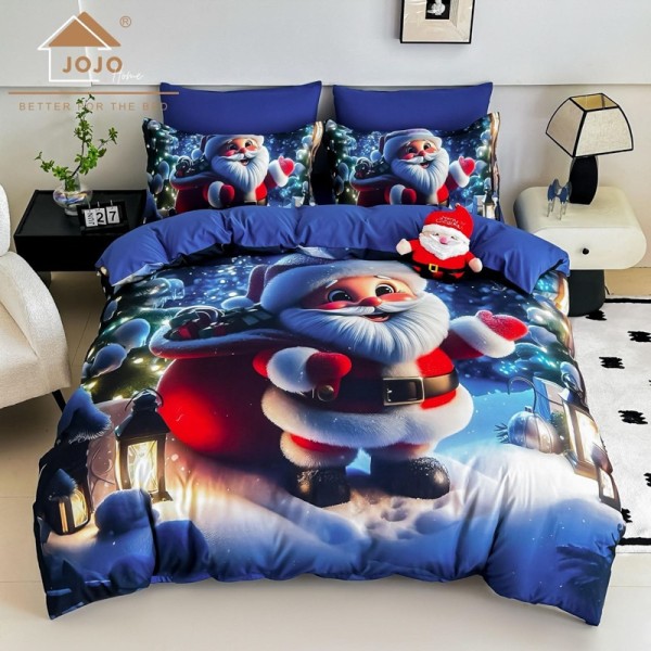 Lenjerie pat dublu, FINET, Imprimeu Digital 5D - Identic cu poza, Cu ELASTIC, 6 piese, Jojo Home, Albastru, Moș Crăciun cu Felinar [1]