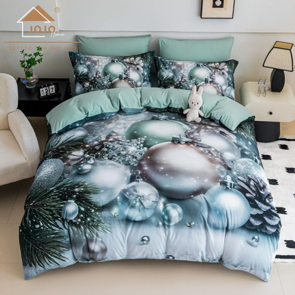 Lenjerie pat dublu, FINET, Imprimeu Digital 5D - Identic cu poza, Cu ELASTIC, 6 piese, Jojo Home, Gri, Verzui, Globulete [1]