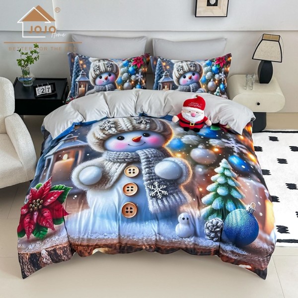 Lenjerie pat dublu, FINET, Imprimeu Digital 5D - Identic cu poza, Cu ELASTIC, 6 piese, Jojo Home, Gri, Bleu, Om de Zapada si Decoratiuni [1]