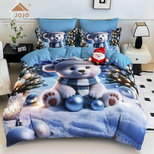 Lenjerie pat dublu, FINET, Imprimeu Digital 5D - Identic cu poza, Cu ELASTIC, 6 piese, Jojo Home, Bleu, Alb, Ursulet Polar [1]