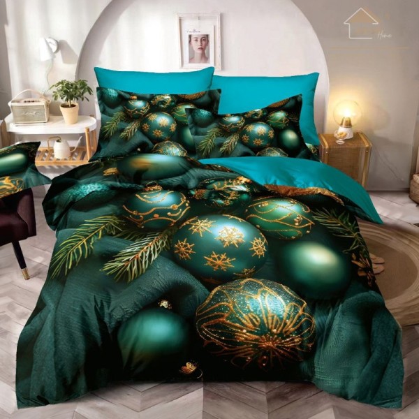Lenjerie pat dublu, FINET, Imprimeu Digital 5D - Identic cu poza, Cu ELASTIC, 6 piese, Jojo Home, Verde, Globulete [1]