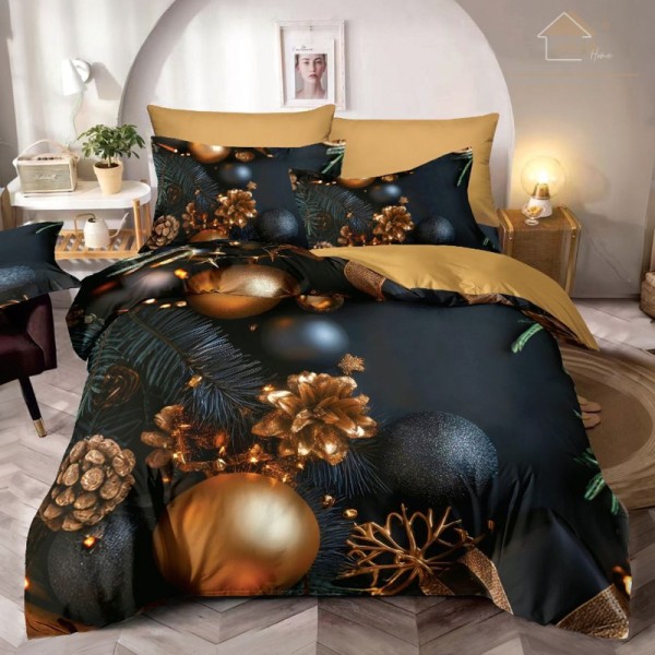 Lenjerie pat dublu, FINET, Imprimeu Digital 5D - Identic cu poza, Cu ELASTIC, 6 piese, Jojo Home, Negru, Auriu, Globulete [1]