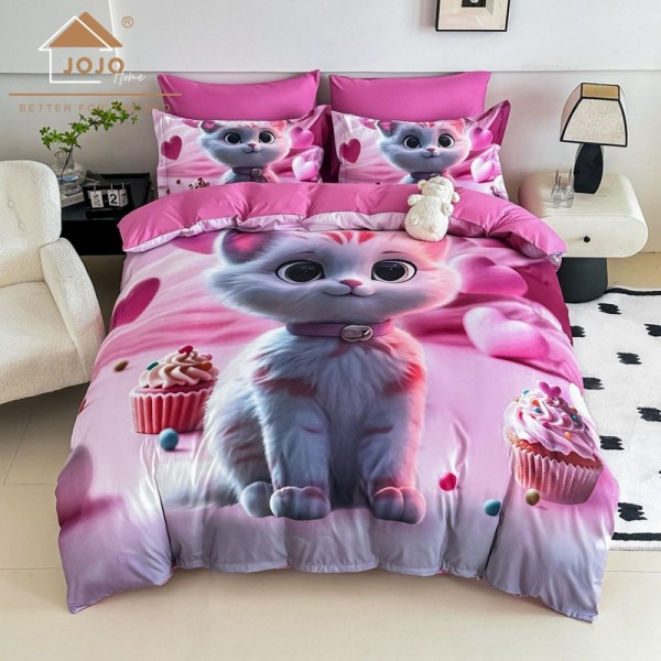 Lenjerie pat dublu, FINET, Imprimeu Digital 5D - Identic cu poza, Cu ELASTIC, 6 piese, Jojo Home, Roz, Pisicuta [1]