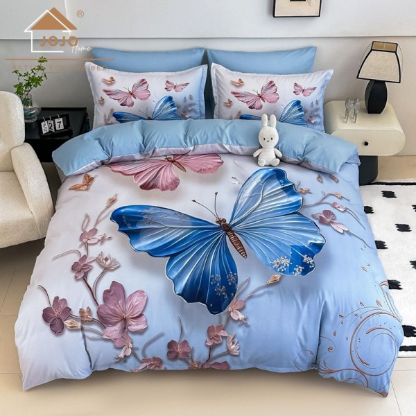 Lenjerie pat dublu, FINET, Imprimeu Digital 5D - Identic cu poza, Cu ELASTIC, 6 piese, Jojo Home, Bleu, Fluturi [1]