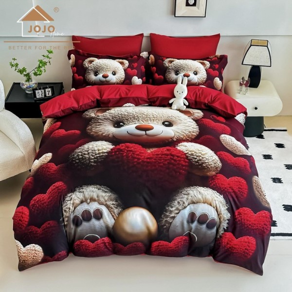 Lenjerie pat dublu, FINET, Imprimeu Digital 5D - Identic cu poza, Cu ELASTIC, 6 piese, Jojo Home, Rosu, Ursulet [1]