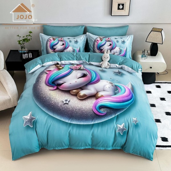 Lenjerie pat dublu, FINET, Imprimeu Digital 5D - Identic cu poza, Cu ELASTIC, 6 piese, Jojo Home, Bleu, Unicorn [1]