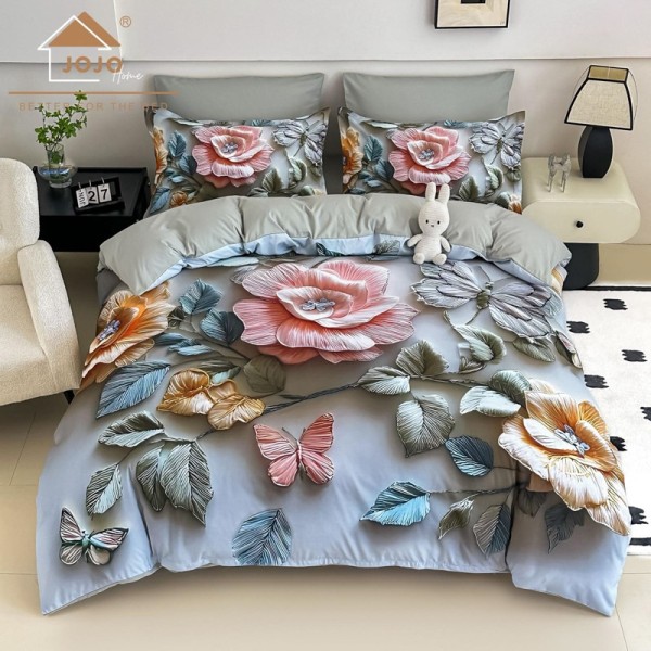 Lenjerie pat dublu, FINET, Imprimeu Digital 5D - Identic cu poza, Cu ELASTIC, 6 piese, Jojo Home, Gri, Trandafiri [1]