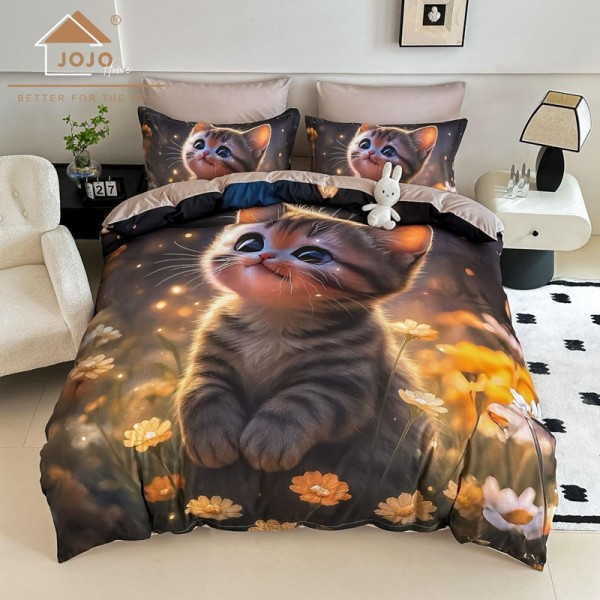 Lenjerie pat dublu, FINET, Imprimeu Digital 5D - Identic cu poza, Cu ELASTIC, 6 piese, Jojo Home, Maro, Pisicuta [1]
