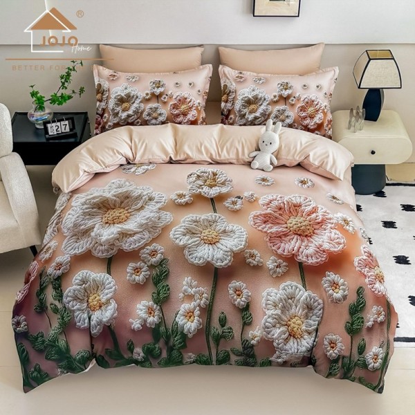 Lenjerie pat dublu, FINET, Imprimeu Digital 5D - Identic cu poza, Cu ELASTIC, 6 piese, Jojo Home, Bej, Flori Tricotate [1]
