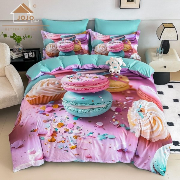 Lenjerie pat dublu, FINET, Imprimeu Digital 5D - Identic cu poza, Cu ELASTIC, 6 piese, Jojo Home, Roz, Bleu, Macarons [1]