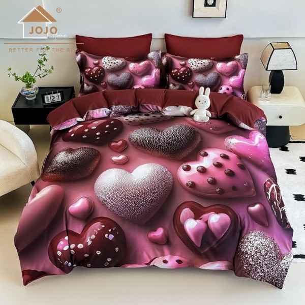Lenjerie pat dublu, FINET, Imprimeu Digital 5D - Identic cu poza, Cu ELASTIC, 6 piese, Jojo Home, Grena, Bomboane de Ciocolata [1]