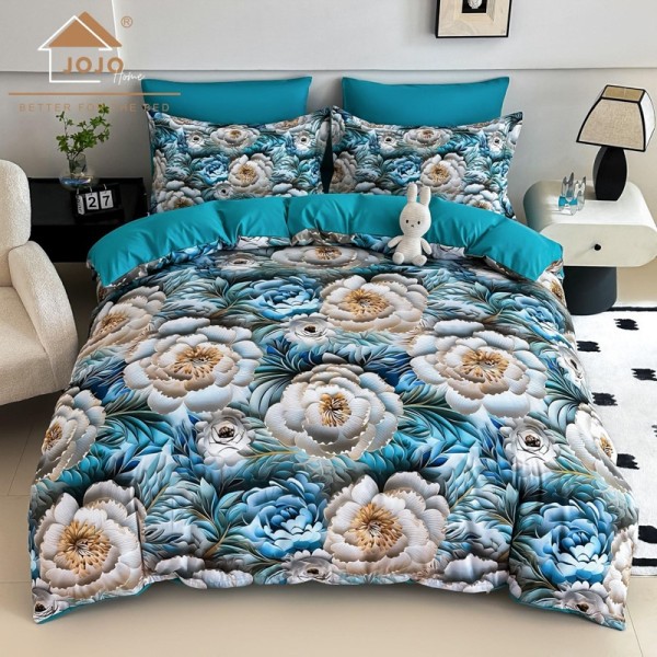 Lenjerie pat dublu, FINET, Imprimeu Digital 5D - Identic cu poza, Cu ELASTIC, 6 piese, Jojo Home, Turquoise, Alb, Trandafiri [1]