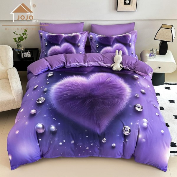 Lenjerie pat dublu, FINET, Imprimeu Digital 5D - Identic cu poza, Cu ELASTIC, 6 piese, Jojo Home, Mov, Inimioare Pufoasa [1]