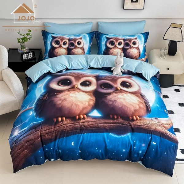 Lenjerie pat dublu, FINET, Imprimeu Digital 5D - Identic cu poza, Cu ELASTIC, 6 piese, Jojo Home, Albastru, Bufnite [1]