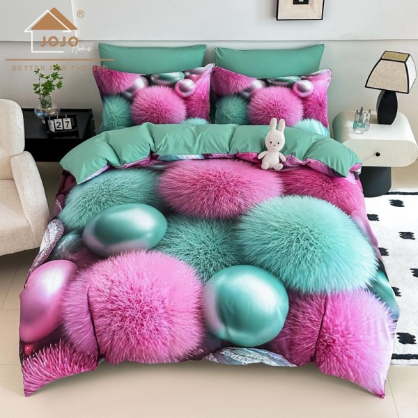 Lenjerie pat dublu, FINET, Imprimeu Digital 5D - Identic cu poza, Cu ELASTIC, 6 piese, Jojo Home, Menta, Roz, Bilute Pufoase [1]