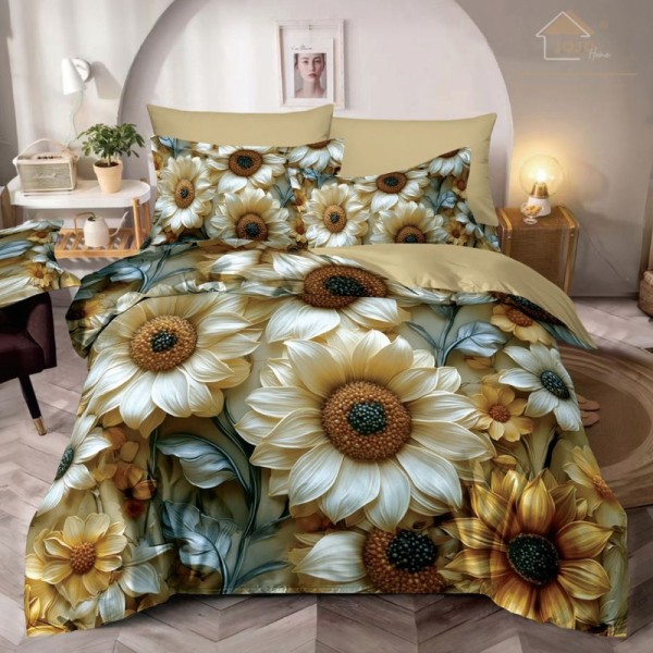 Lenjerie pat dublu, FINET, Imprimeu Digital 5D - Identic cu poza, Cu ELASTIC, 6 piese, Jojo Home, Bej, Flori [1]