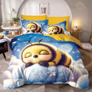 Lenjerie pat dublu, FINET, Imprimeu Digital 5D - Identic cu poza, Cu ELASTIC, 6 piese, Jojo Home, Bleu, Galben, Albinuta Lenjerie pat dublu, FINET, Imprimeu Digital 5D - Identic cu poza, Cu ELASTIC, 6 piese, Jojo Home, Bleu, Galben, Albinuta