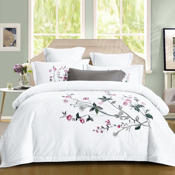 Lenjerie pat dublu, Primăvara,  FINET, Cearsaf cu Elastic 180x200cm, 4 piese, Alb, Gri, model cu flori - Lux Absolut, Delicatețe și Eleganță Desăvârșită [1]