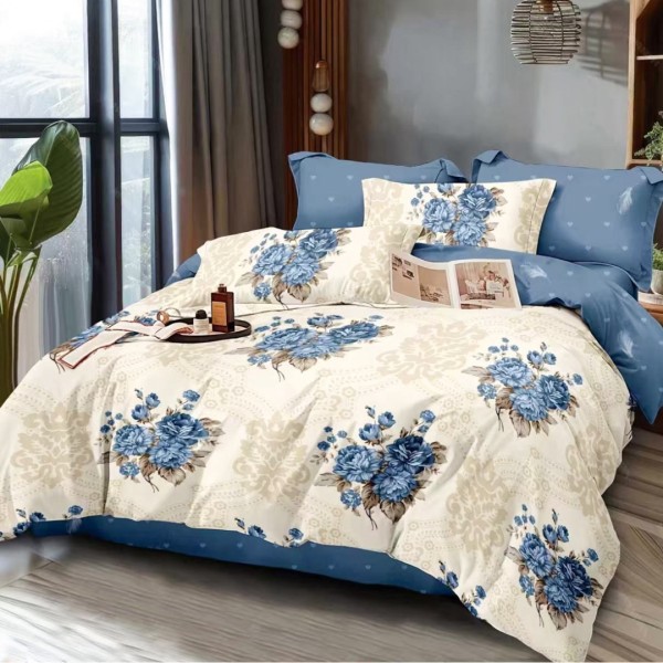 Lenjerie pat dublu (140x200cm, 160x200cm, 180x200cm), FINET, 6 piese, Crem, Bleu, Buchete de Flori [1]