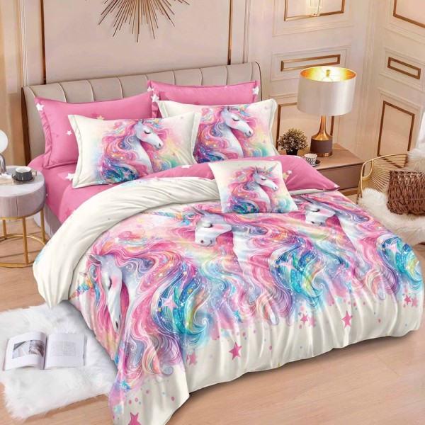 Lenjerie pat dublu (140x200cm, 160x200cm, 180x200cm),  FINET, 6 piese, Roz, Bleu, unicorni fantasy [1]