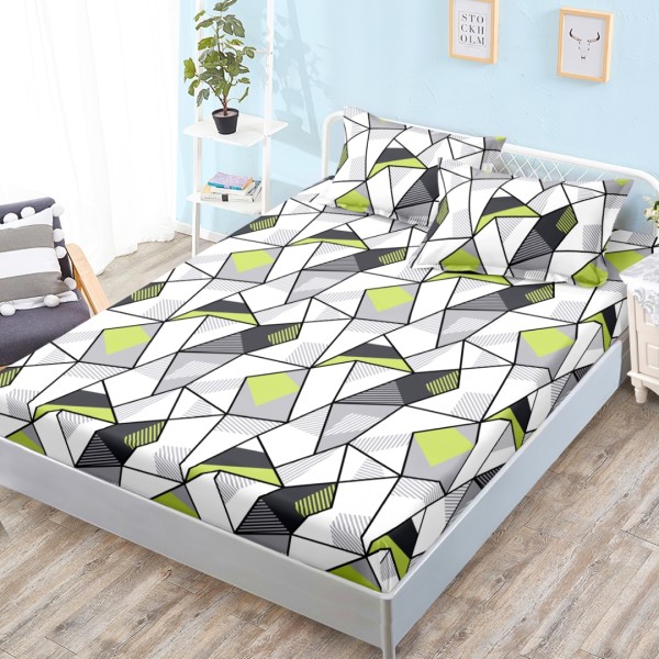 Cearsaf cu elastic, Bumbac FINET, 160x200cm, 2 fete de perne 50x70cm, Gri, Verde, Forme Geometrice [1]
