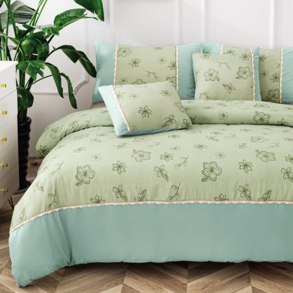 Lenjerie Pat Dublu,  Finet Satinat, CEARSAF CU ELASTIC, 6 piese, Verde, Flori [1]