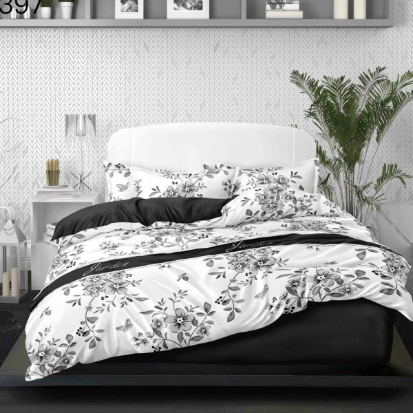 Lenjerie pat dublu (140x200cm, 160x200cm, 180x200cm), FINET, 6 piese, Alb, Negru, flori [1]