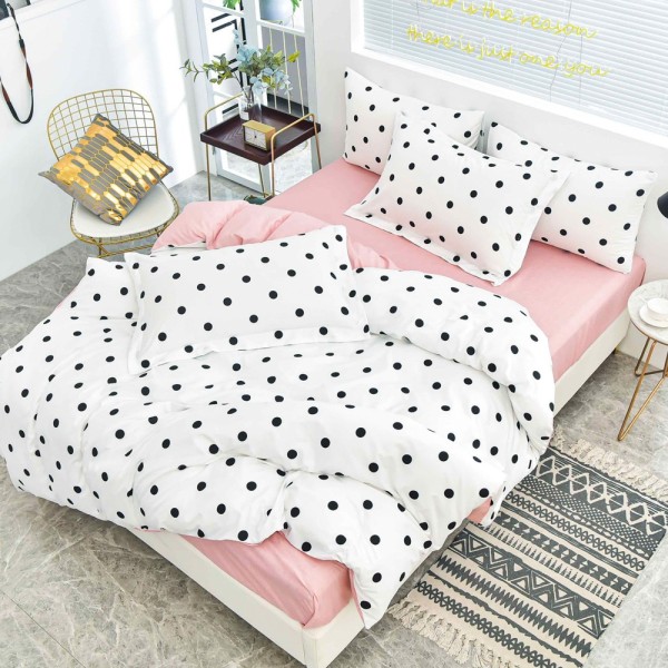 Lenjerie pat dublu (140x200cm, 160x200cm, 180x200cm), bumbac satinat, cearsaf clasic, 4 piese,  Alb, Roz, buline [1]