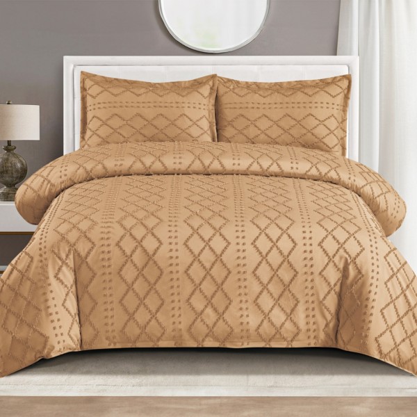 Lenjerie de Pat Premium, Bumbac Finet, Smocuri Brodate, 4 Piese, cu ELASTIC, Nesifonabilă și Durabilă, Elegance, Bej inchis [1]