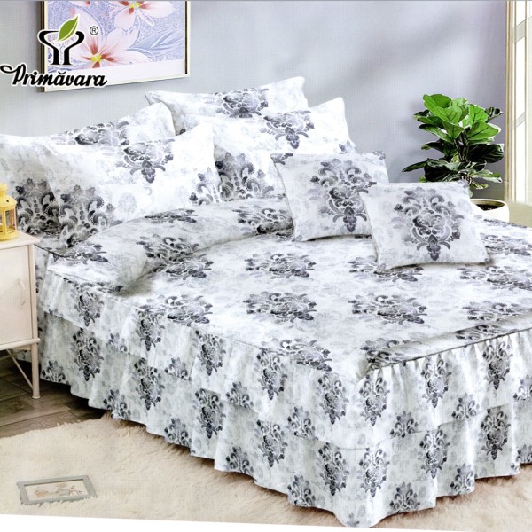 Lenjerie Premium Pat Dublu  FINET, 6 Piese – Volanase Sofisticate, Fixare Perfecta cu Elastic, Alb, Gri, Model Royal [1]