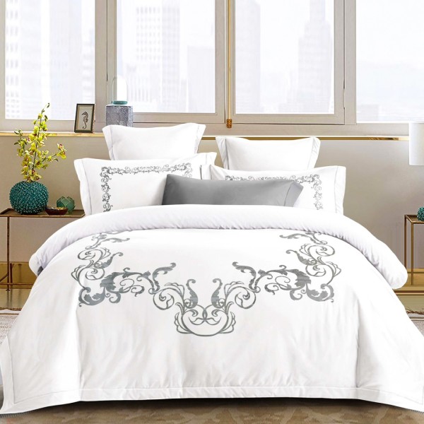 Lenjerie pat dublu, Primăvara,  FINET, Cearsaf cu Elastic 180x200cm, 4 piese, Alb, Gri, model elegant clasic - Lux Absolut, Delicatețe și Eleganță Desăvârșită [1]