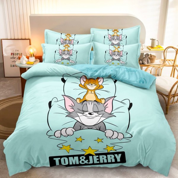 Lenjerie pat dublu (140x200cm, 160x200cm, 180x200cm), FINET, 6 piese, IDENTICA CU POZA, Bleu, Tom si Jerry [1]